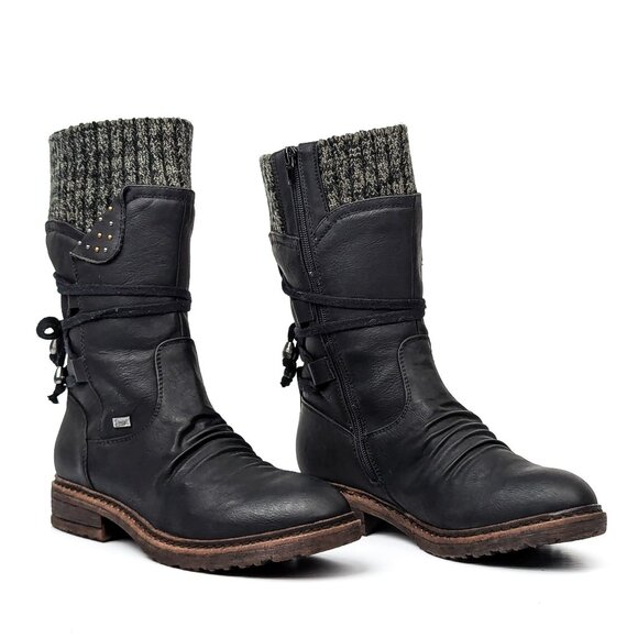 Rieker Women Dominika 73 Pale Black Vegan Leather Lace-up Zip Boots 8US EUR 38 - Picture 1 of 7